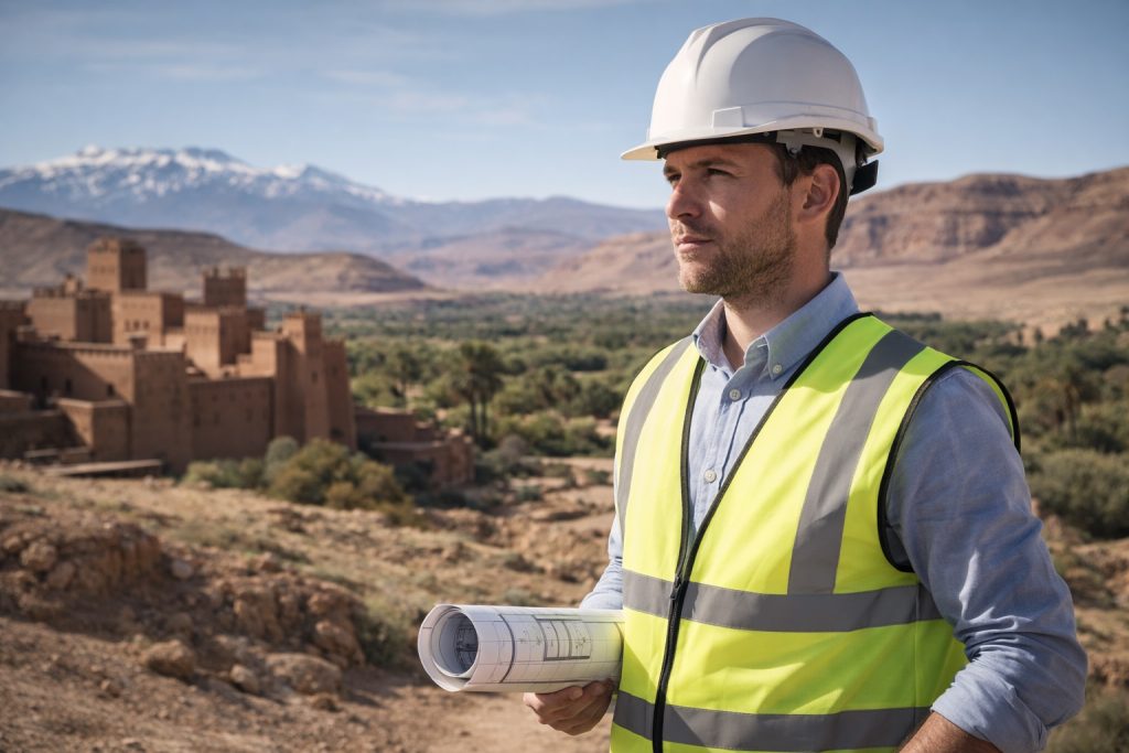 Homme de chantier avec plan sur site dans lAtlas marocain